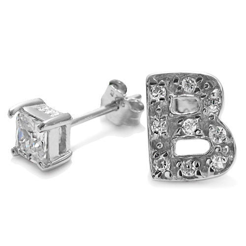 Initial 'B' and 0.40 Carat Princess Cut CZ Earring | Wholesale Sterling Silver Jewelry | Alternate