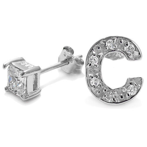 Initial 'C' and 0.40 Carat Princess Cut CZ Earring | Wholesale Sterling Silver Jewelry | Alternate
