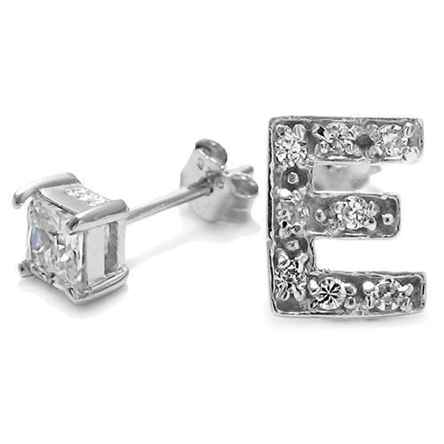 Initial 'E' and 0.40 Carat Princess Cut CZ Earring | Wholesale Sterling Silver Jewelry | Alternate