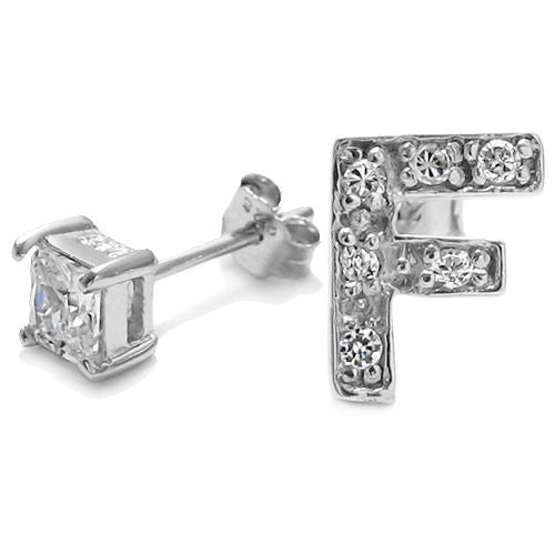 Initial 'F' and 0.40 Carat Princess Cut CZ Earring | Wholesale Sterling Silver Jewelry | Alternate