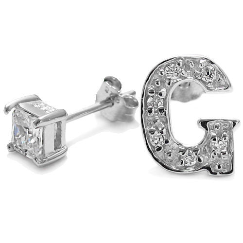 Initial 'G' and 0.40 Carat Princess Cut CZ Earring | Wholesale Sterling Silver Jewelry | Alternate