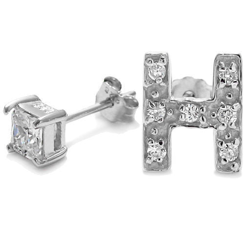 Initial 'H' and 0.40 Carat Princess Cut CZ Earring | Wholesale Sterling Silver Jewelry | Alternate