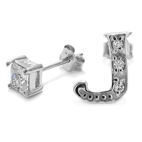 Initial 'J' and 0.40 Carat Princess Cut CZ Earring | Wholesale Sterling Silver Jewelry | Alternate