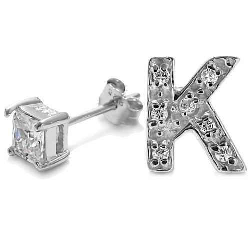 Initial 'K' and 0.40 Carat Princess Cut CZ Earring | Wholesale Sterling Silver Jewelry | Alternate