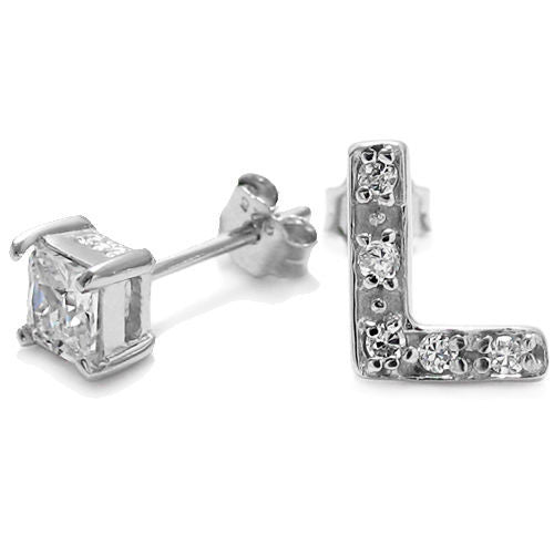 Initial 'L' and 0.40 Carat Princess Cut CZ Earring | Wholesale Sterling Silver Jewelry | Alternate
