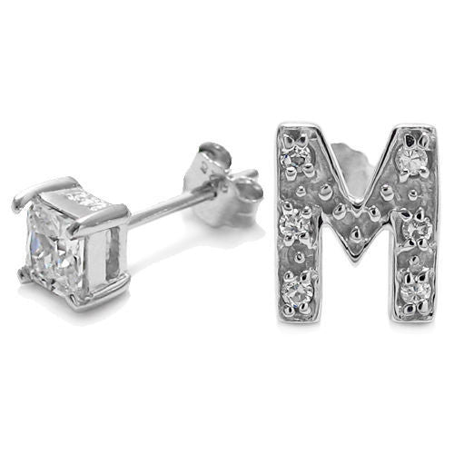 Initial 'M' and 0.40 Carat Princess Cut CZ Earring | Wholesale Sterling Silver Jewelry | Alternate