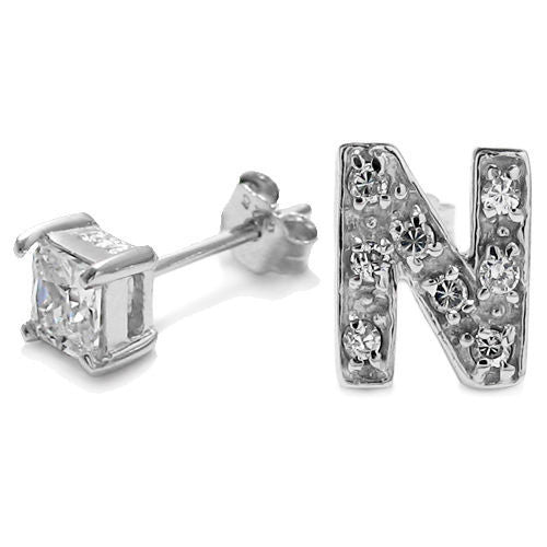 Initial 'N' and 0.40 Carat Princess Cut CZ Earring | Wholesale Sterling Silver Jewelry | Alternate