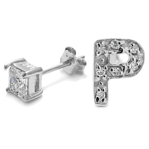 Initial 'P' and 0.40 Carat Princess Cut CZ Earring | Wholesale Sterling Silver Jewelry | Alternate