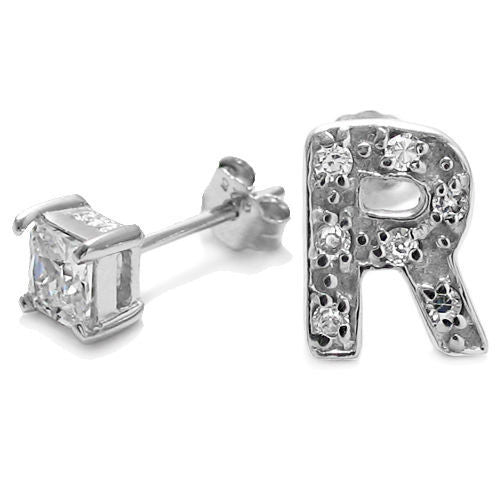 Initial 'R' and 0.40 Carat Princess Cut CZ Earring | Wholesale Sterling Silver Jewelry | Alternate