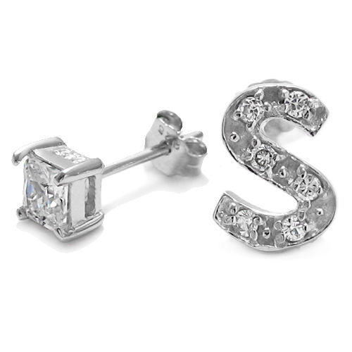 Initial 'S' and 0.40 Carat Princess Cut CZ Earring | Wholesale Sterling Silver Jewelry | Alternate