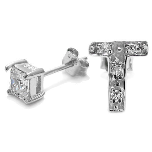 Initial 'T' and 0.40 Carat Princess Cut CZ Earring | Wholesale Sterling Silver Jewelry | Alternate