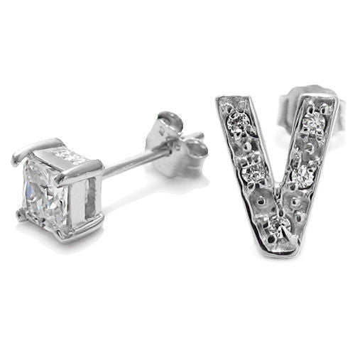Initial 'V' and 0.40 Carat Princess Cut CZ Earring | Wholesale Sterling Silver Jewelry | Alternate