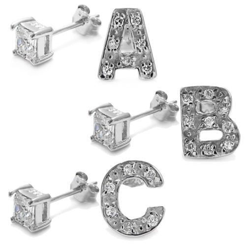 Initial and 0.40 Carat Princess Cut CZ Earring | Wholesale Sterling Silver Jewelry | Main