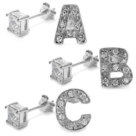 Initial and 0.40 Carat Princess Cut CZ Earring | Wholesale Sterling Silver Jewelry | Main