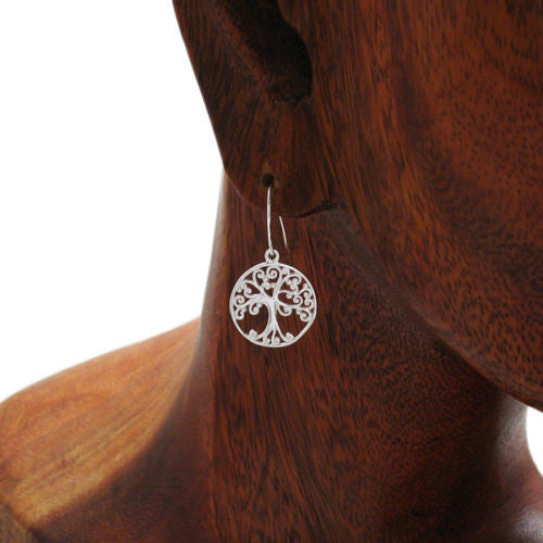 Intricate filigree Tree of Life in Circle hanging earrings | Wholesale 925 Sterling Silver Jewelry | Alternate photo