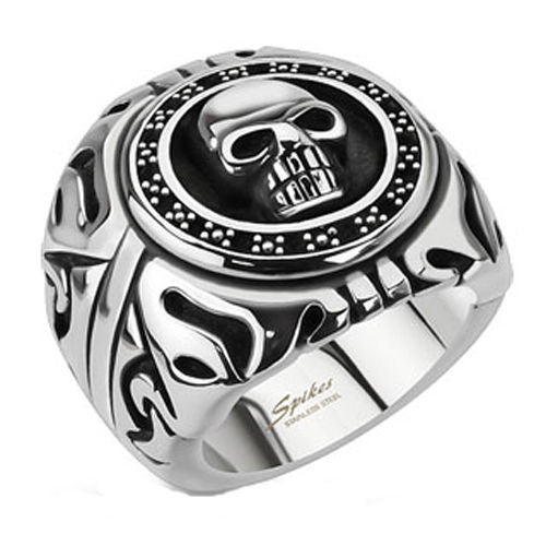 Intricate skull shield on flame band stainless steel ring | Wholesale 316L stainless steel rings - Jewelry