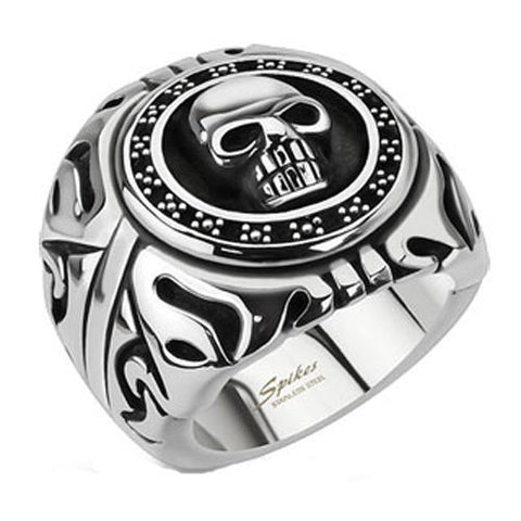 Intricate skull shield on flame band stainless steel ring | Wholesale 316L stainless steel rings - Jewelry