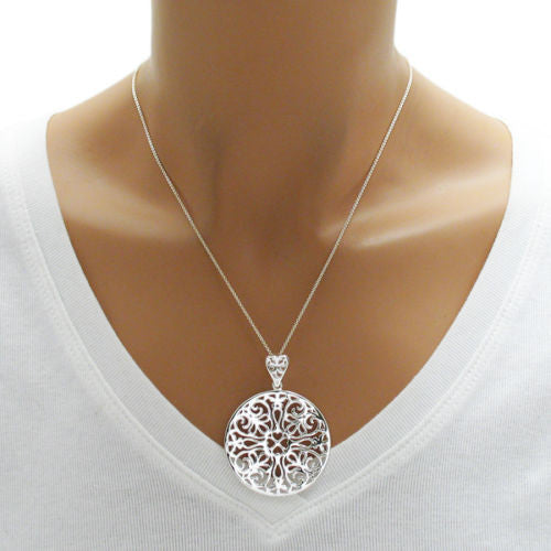 Beautiful large heart filigree filled round pendant | Wholesale 925 Sterling Silver Jewelry | Alternate photo