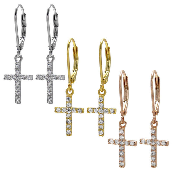 Latch back cross earring with pave CZ embellishment | Wholesale 925 Sterling Silver Jewelry | 3 Color Photo