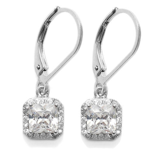 Princess cut CZ latch back earrings w/ 20 CZ accents | Wholesale Sterling Silver Jewelry | Item photo