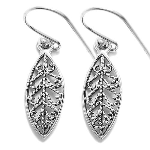 Leaf shaped hanging earring with filigree leaf veins | Wholesale 925 Sterling Silver Jewelry | Item photo