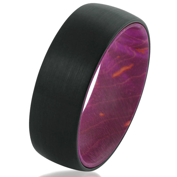 Black brushed finish tungsten ring | maroon red box elder wood Inner band | Wholesale tungsten rings | White photo