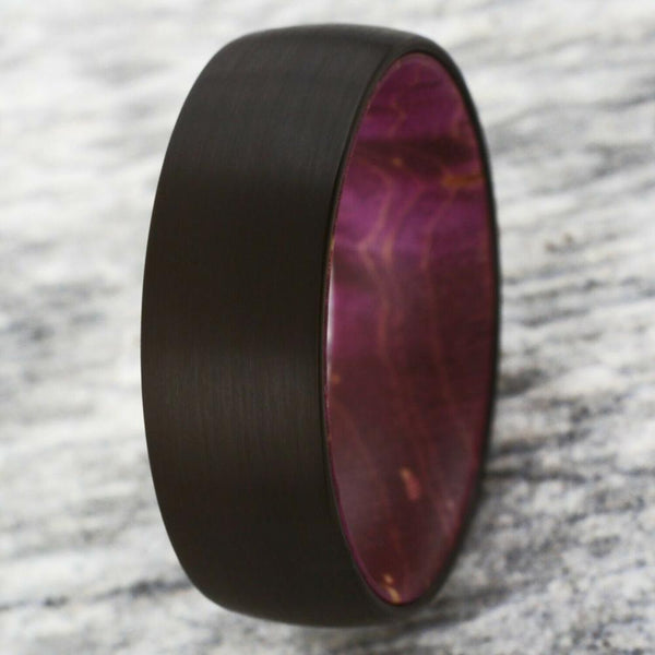 Black brushed finish tungsten ring | maroon red box elder wood Inner band | Wholesale tungsten rings | Marble photo