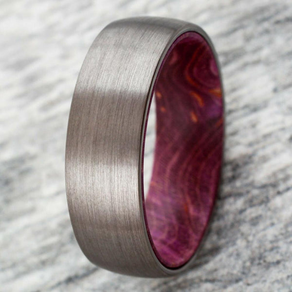 Silver brushed finish tungsten ring | maroon red box elder wood Inner band | Wholesale tungsten rings | Marble photo