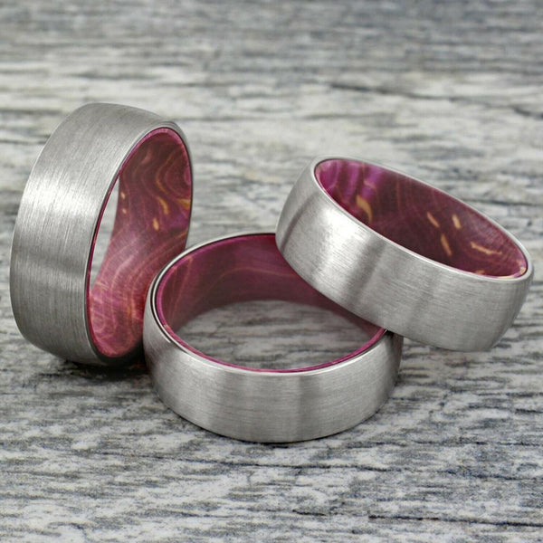 Silver brushed finish tungsten ring | maroon red box elder wood Inner band | Wholesale tungsten rings | Group photo