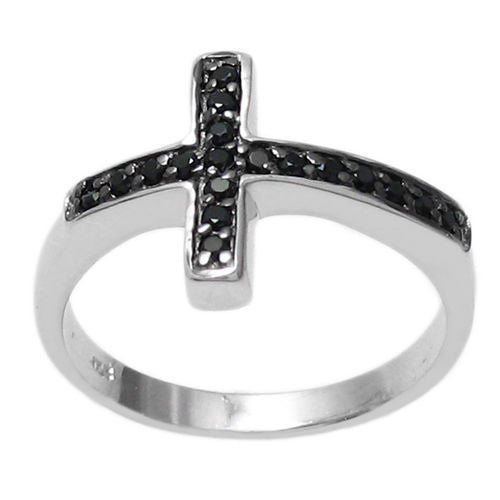 Sideways Cross Ring with Black CZs. Wholesale sterling silver rings. Alternate photo.