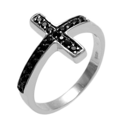 Sideways Cross Ring with Black CZs. Wholesale sterling silver rings. Main photo.