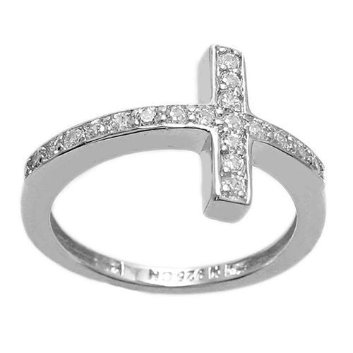 Sideways Cross Ring with Clear CZs. Wholesale sterling silver rings. Alternate photo.