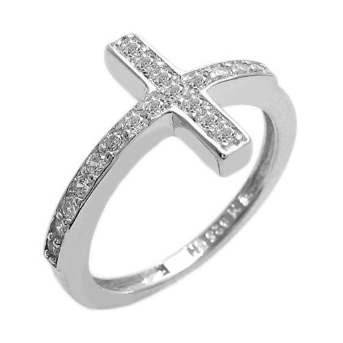 Sideways Cross Ring with Clear CZs. Wholesale sterling silver rings. Main photo.
