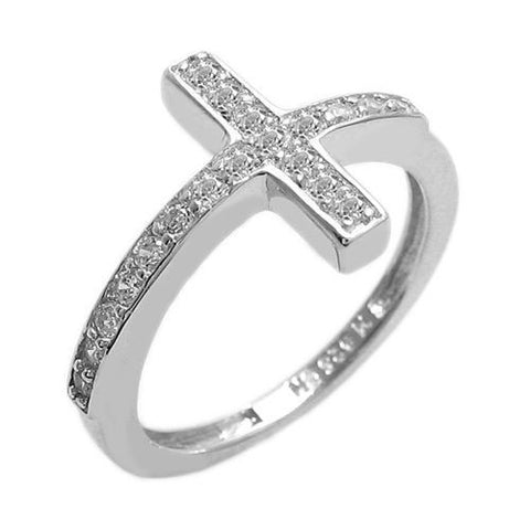Sideways Cross Ring with Clear CZs. Wholesale sterling silver rings. Main photo.