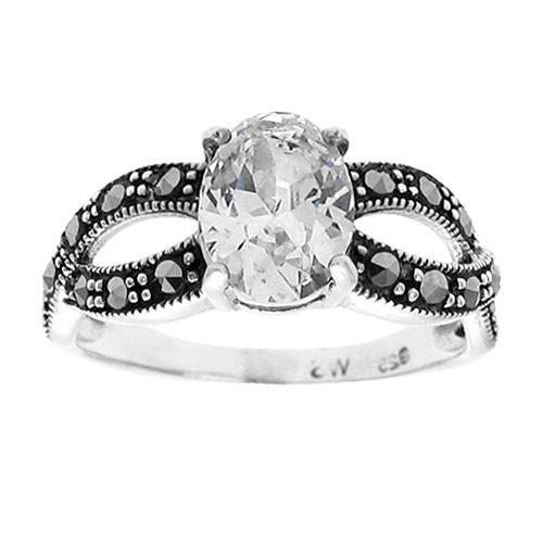 Marcasite Infinity Ring with Oval CZ Center Stone | Wholesale Sterling Silver Rings - Jewelry | Alternate photo