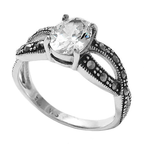 Marcasite Infinity Ring with Oval CZ Center Stone | Wholesale Sterling Silver Rings - Jewelry | Main photo