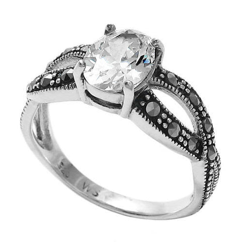 Marcasite Infinity Ring with Oval CZ Center Stone | Wholesale Sterling Silver Rings - Jewelry | Main photo