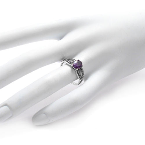 Marcasite Infinity Ring w/ Purple Oval CZ Center Stone | Wholesale Sterling Silver Rings - Jewelry | Hand photo