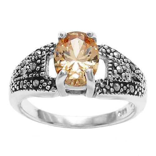 Classic marcasite ring with orange oval CZ stone | Wholesale sterling silver rings | Jewelry | Alternate photo