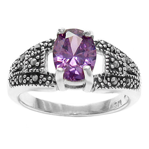 Classic marcasite ring with purple oval CZ stone | Wholesale sterling silver rings | Jewelry | Top view