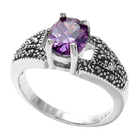 Classic marcasite ring with purple oval CZ stone | Wholesale sterling silver rings | Jewelry | Main photo