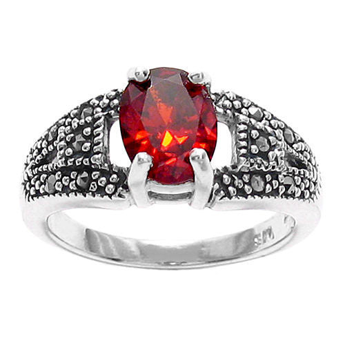 Classic marcasite ring with red oval CZ Stone | Wholesale sterling silver rings | Jewelry | Top view