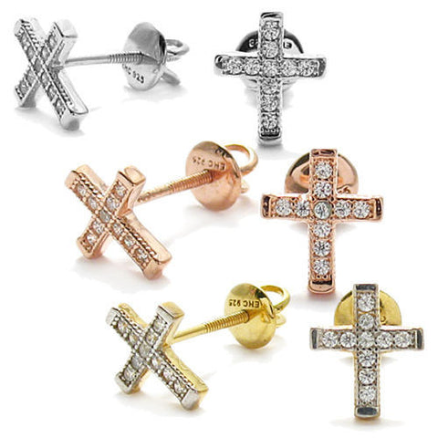 Stylish Micro-Pave Cubic Zirconia Cross Post Earrings | Wholesale Sterling Silver Jewelry | Main
