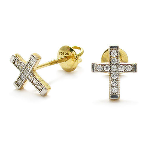 Stylish Micro-Pave Cubic Zirconia Gold Cross Post Earrings | Wholesale Sterling Silver Jewelry | Alternate
