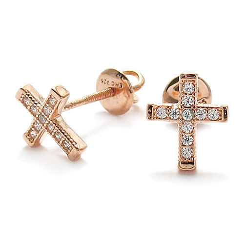Stylish Micro-Pave Cubic Zirconia Rose Gold Cross Post Earrings | Wholesale Sterling Silver Jewelry | Alternate
