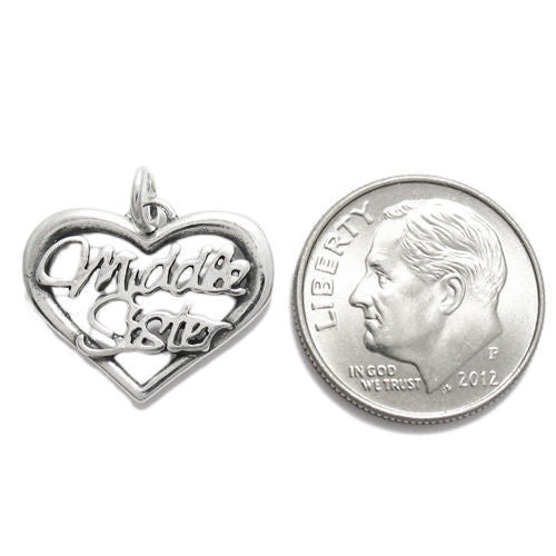 Polished "Middle Sister" Talking Heart Charm. Wholesale Sterling Silver Charms - Jewelry. Alternate.
