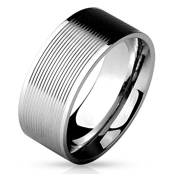 Mirror polished industrial style stainless steel ring with grooved lines | Wholesale Jewelry | Standard photo