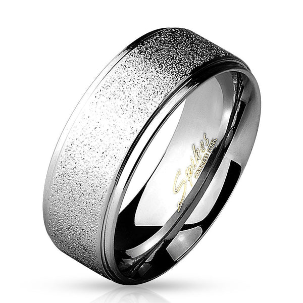Mirror polished ring with sand sparkle finish band and ridged edges | Wholesale Jewelry | Main photo