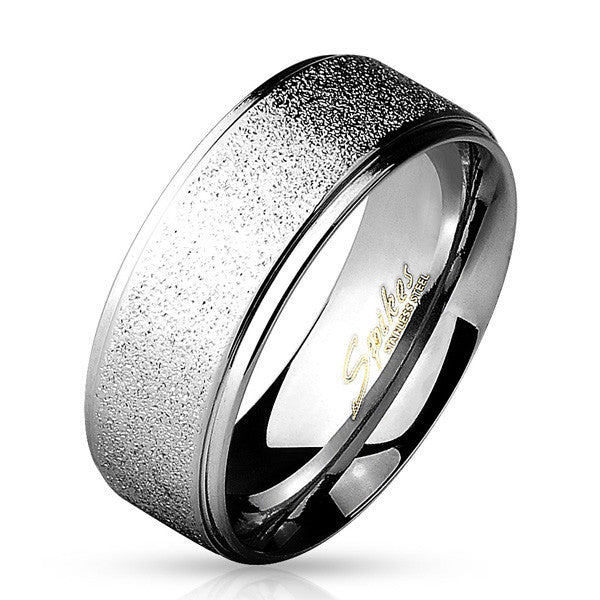 Mirror polished ring with sand sparkle finish band and ridged edges | Wholesale Jewelry | Alternate photo