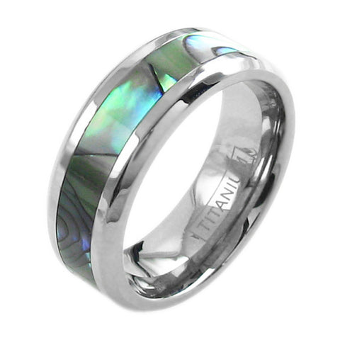Dazzling mirror polished titanium ring with beautiful abalone inlay | Wholesale Jewelry | Alternate photo
